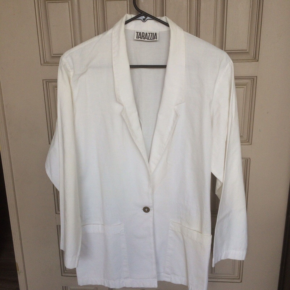 Tarazzia Blazer SzL White Cotton Notched Collar Pockets Single Button Pre-Owned